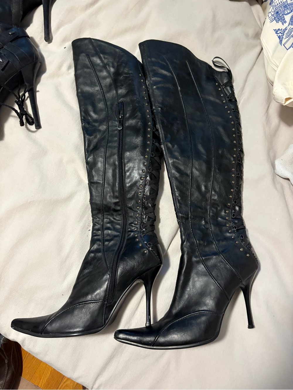 Black Knee-High Stiletto Boots - Women's Lace-Up